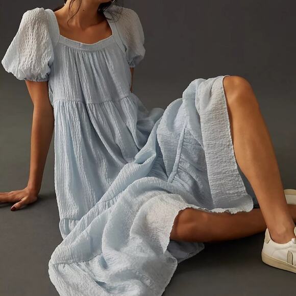 Anthropologie Womens Light Blue Puff Sleeve Tiered Maxi Dress XS - Picture 1 of 12
